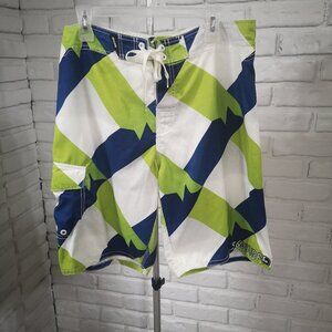 Men's 360 Surf Size 36 Waist Green White & Blue Swim Shorts